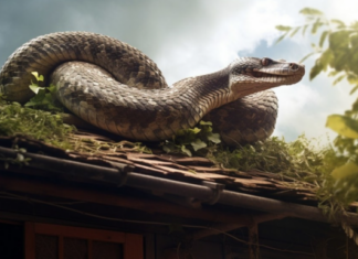 Una pitón gigante baja del techo de una casa