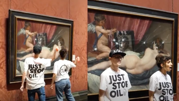Dos miembros de un grupo ecologista llamado Just Stop Oil (JSO), irrumpieron en la galería y causaron daños significativos al romper el cristal protector de una pintura. El cuadro afectado fue “La Venus del Espejo” de Velázquez, una obra maestra histórica que sufrió daños en su estructura protectora debido a la acción de los activistas.
