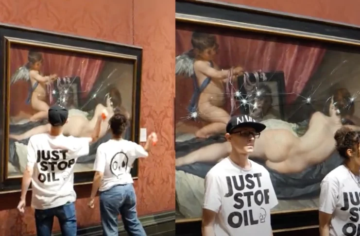 Dos miembros de un grupo ecologista llamado Just Stop Oil (JSO), irrumpieron en la galería y causaron daños significativos al romper el cristal protector de una pintura. El cuadro afectado fue “La Venus del Espejo” de Velázquez, una obra maestra histórica que sufrió daños en su estructura protectora debido a la acción de los activistas.