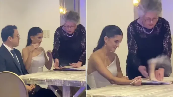Durante una boda, el acta de matrimonio se quemó mientras la novia firmaba. El video se ha vuelto viral y ha suscitado decenas de comentarios de usuarios que ven una señal divina en el extraño accidente.