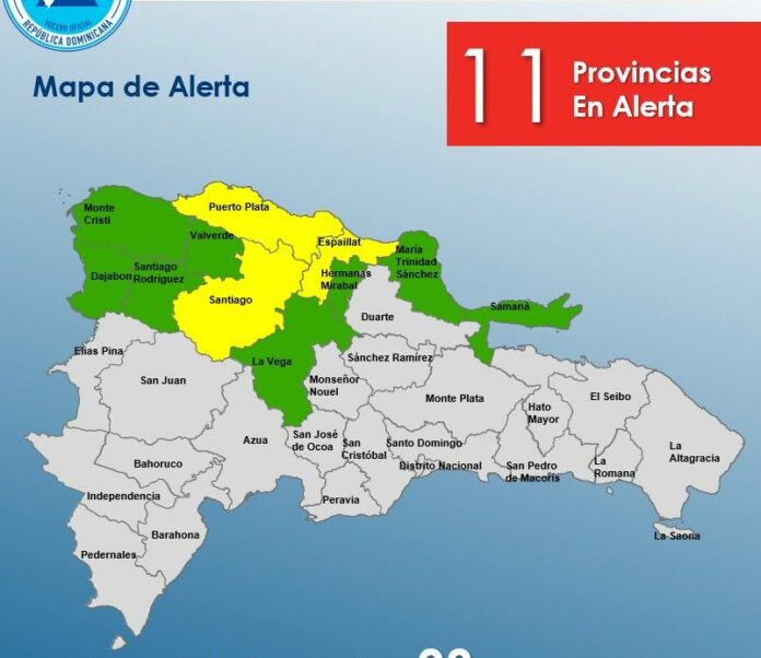 El Centro de Operaciones de Emergencias (COE) colocó 3 provincias en alerta amarilla y aumentó 8 en verde por posible crecida de ríos, arroyos y cañadas, debido a que un sistema frontal generará aguaceros durante este fin de semana.