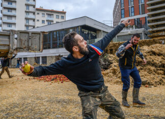 Agricultores franceses arrojan estiércol y otros desechos a un edificio administrativo