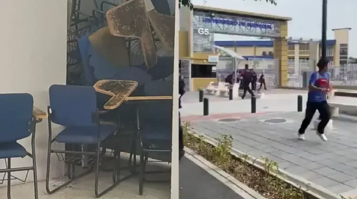 En un video difundido en redes sociales se observa a ciudadanos huyendo frenéticamente de una de las puertas de la Universidad de Guayaquil (UG) mientras suenan detonaciones de armas de fuego.