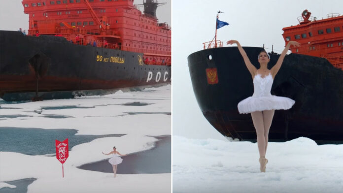 Una pasajera de un crucero interpreta 'El lago de los cisnes' sobre hielo en el Polo Norte
