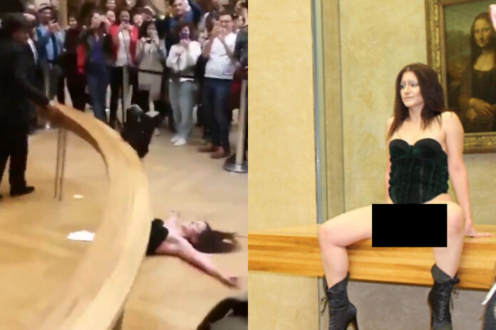 Mujer posa desnuda frente al cuadro de la Mona Lisa