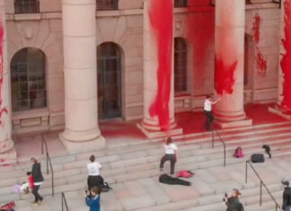 Activistas ecológicos rocían el edificio del Parlamento de Finlandia con pintura roja