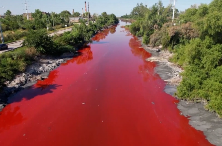 Agua color sangre fluye por un canal de Buenos Aires