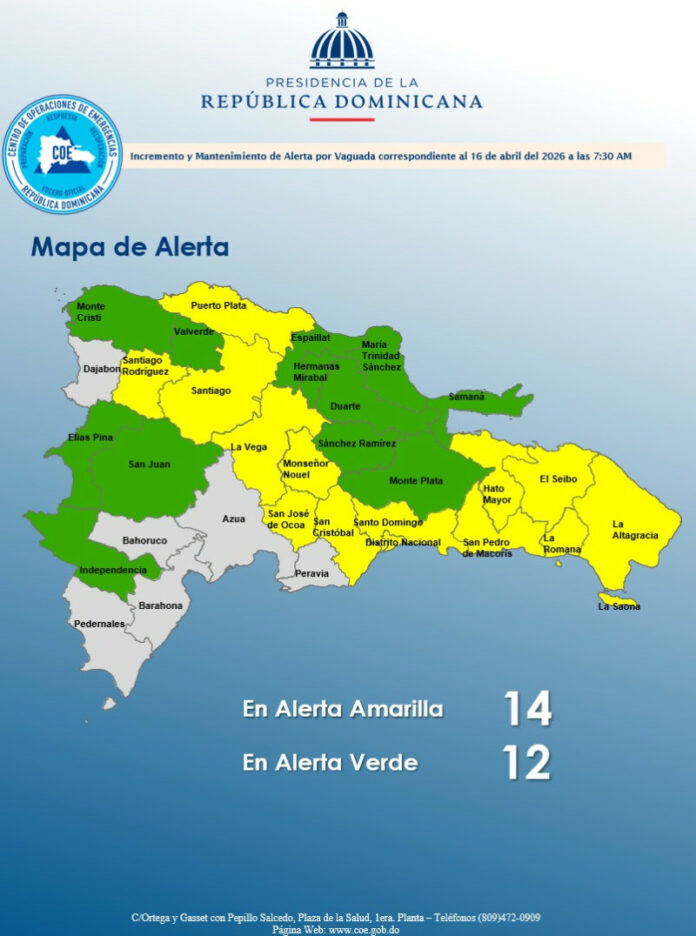 COE vuelve a colocar el Gran Santo Domingo y a otras 12 provincias en alerta amarilla